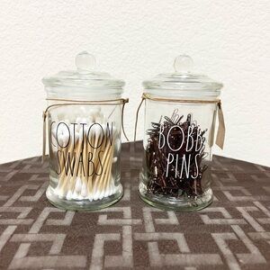 Rae Dunn glass beauty jars set BOBBY PINS and COTTON SWABS